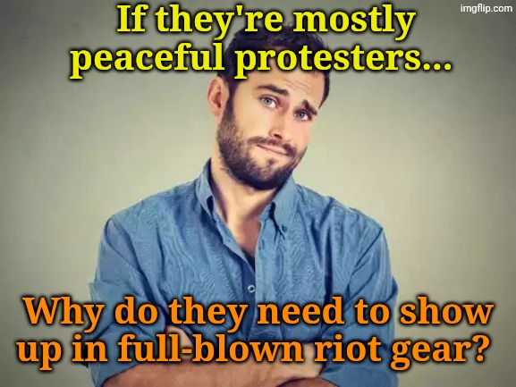 If they're mostly peaceful protesters... Why do they need to show up in full-blown riot gear? | made w/ Imgflip meme maker