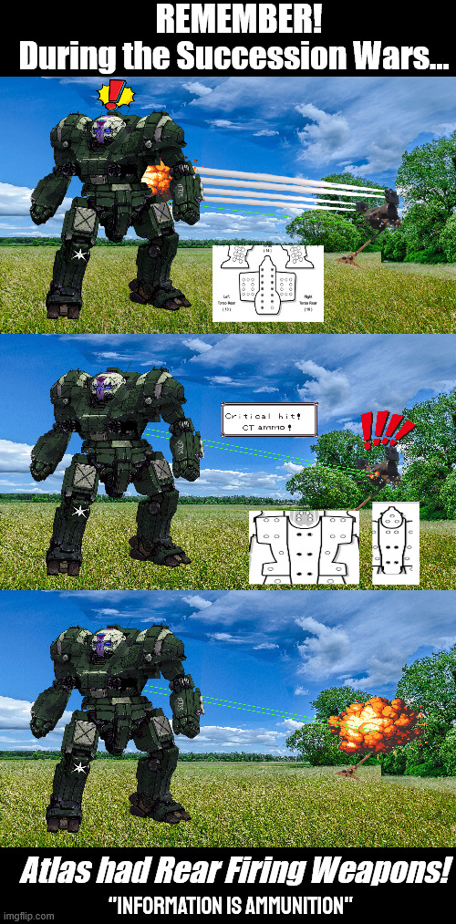 Critical Awarness is key to Survival | Remember! During the Succession Wars... Atlas had Rear Firing Weapons! "Information is Ammunition" | image tagged in battletech,mechwarrior,battletech meme | made w/ Imgflip meme maker