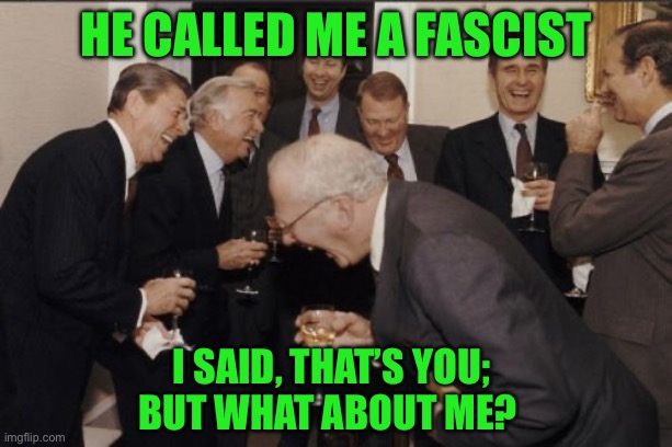 Laughing Men In Suits Meme | He called me a fascist; I said, that’s you;  but what about me? | image tagged in memes,laughing men in suits | made w/ Imgflip meme maker