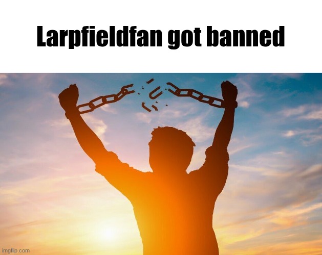Breaking chains | Larpfieldfan got banned | image tagged in breaking chains | made w/ Imgflip meme maker