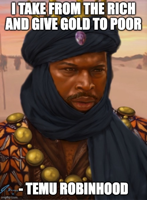 Mansa Musa meme | I take from the rich and give gold to poor; - Temu Robinhood | image tagged in mansa musa | made w/ Imgflip meme maker