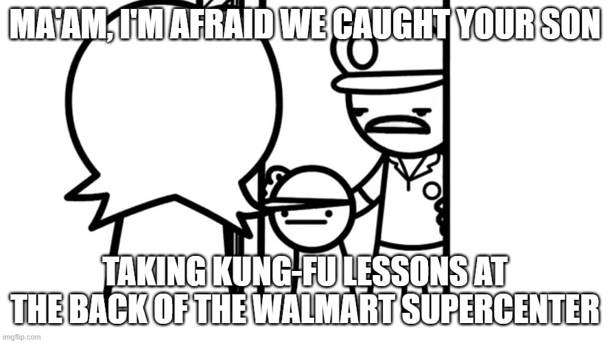 We Caught Your Son asdf | ma'am, I'm afraid we caught your son; taking kung-fu lessons at the back of the Walmart supercenter | image tagged in we caught your son asdf | made w/ Imgflip meme maker