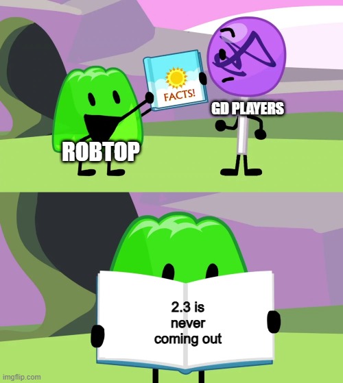 2.3 is never coming out (gd) | gd players; robtop; 2.3 is never coming out | image tagged in gelatin's book of facts | made w/ Imgflip meme maker