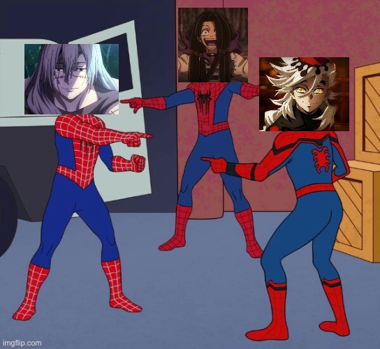 Spider man triple | image tagged in demon slayer,jjk,gachiakuta,douma,mahito,jabber | made w/ Imgflip meme maker