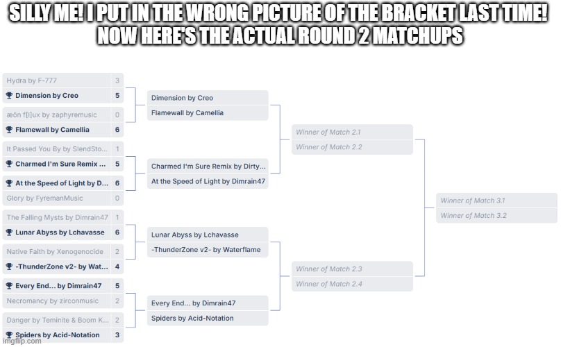 The last one was wrong. Oops | Silly me! I put in the wrong picture of the bracket last time! 
Now here's the actual round 2 matchups | image tagged in gd song bracket | made w/ Imgflip meme maker