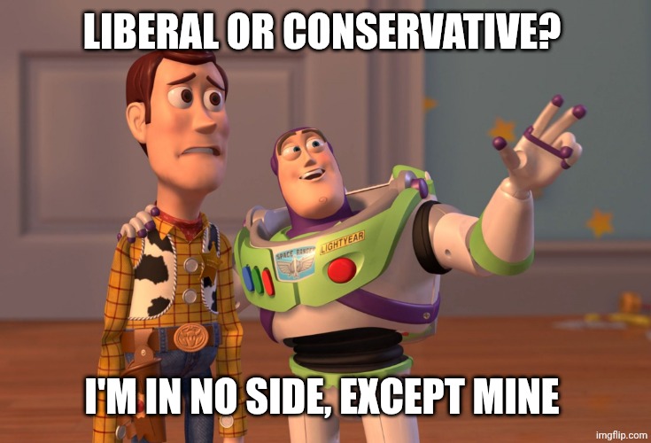 No side | Liberal or conservative? I'm in no side, except mine | image tagged in memes,x x everywhere | made w/ Imgflip meme maker