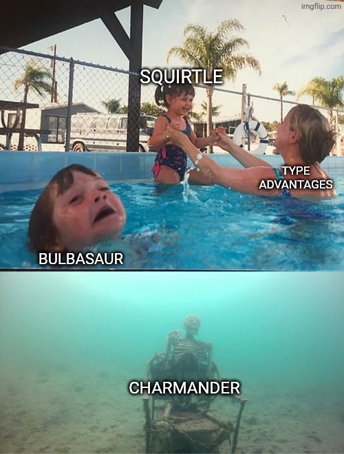 Mother Ignoring Kid Drowning In A Pool | Squirtle; Type advantages; Bulbasaur; Charmander | image tagged in mother ignoring kid drowning in a pool,remix | made w/ Imgflip meme maker