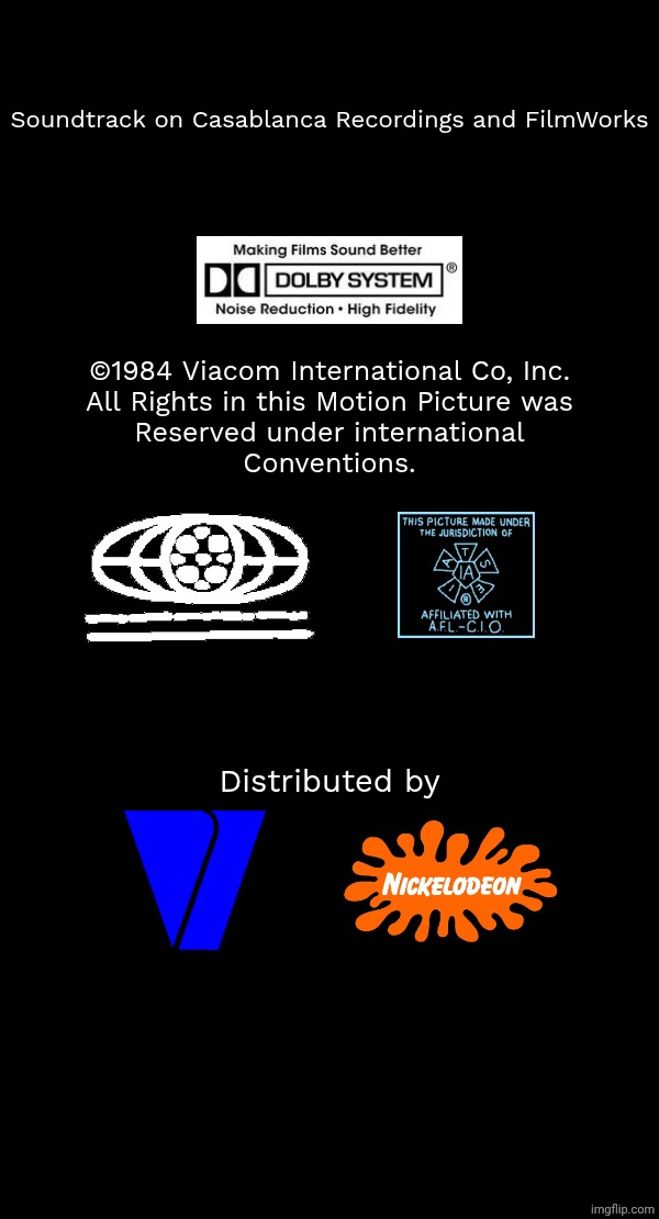creditss | Soundtrack on Casablanca Recordings and FilmWorks; ©1984 Viacom International Co, Inc.
All Rights in this Motion Picture was
Reserved under international
Conventions. Distributed by | image tagged in free,2010,dvd | made w/ Imgflip meme maker