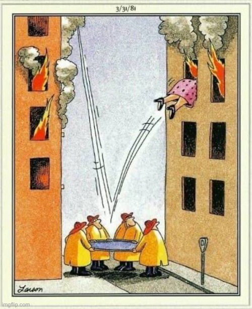 Oops! | image tagged in the far side,comics,fire,firefighters,rescue,bouncing | made w/ Imgflip meme maker