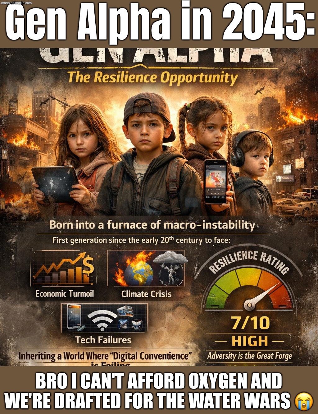 Gen Alpha in 2045:; BRO I CAN'T AFFORD OXYGEN AND WE'RE DRAFTED FOR THE WATER WARS | Gen Alpha in 2045:; BRO I CAN'T AFFORD OXYGEN AND WE'RE DRAFTED FOR THE WATER WARS 😭 | image tagged in gen alpha,oxygen,generation z,gen z,future,dystopia | made w/ Imgflip meme maker