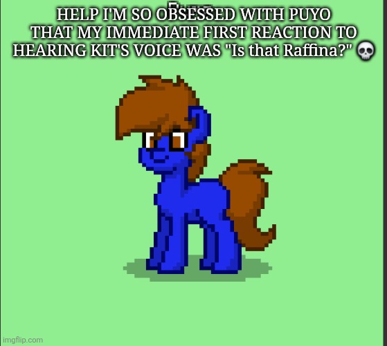 Anyway yeah it's Gameoverse time | HELP I'M SO OBSESSED WITH PUYO THAT MY IMMEDIATE FIRST REACTION TO HEARING KIT'S VOICE WAS "Is that Raffina?" 💀 | image tagged in pony pump except in pony town | made w/ Imgflip meme maker