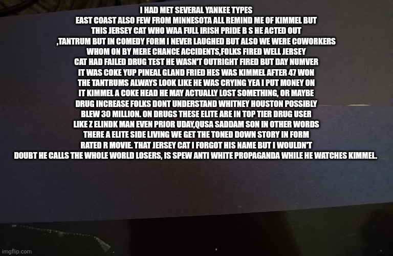 Coke heads are the new NPC and there crying in a town near you | I had met several Yankee types east coast also few from Minnesota all remind me of kimmel but this jersey cat who waa full Irish pride b s he acted out ,tantrum but in comedy form I never laughed but also we were coworkers whom on by mere chance accidents,folks fired well jersey cat had failed drug test he wasn't outright fired but day numver it was coke yup pineal gland fried hes was kimmel after 47 won the tantrums always look like he was crying yea I put money on it kimmel a coke head he may actually lost something, or maybe drug increase folks dont understand Whitney Houston possibly blew 30 million. On drugs these elite are in top tier drug user like Z elindk man even prior uday,qusa saddam son in other words there a elite side living we get the Toned down story in form rated R movie. That jersey cat i forgot his name but I wouldn't doubt he calls the whole world losers, is spew anti white propaganda while he watches kimmel. | image tagged in wtf,coke | made w/ Imgflip meme maker