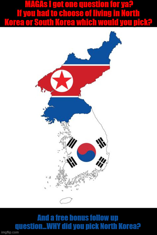 A question for MAGAs | MAGAs I got one question for ya?
If you had to choose of living in North Korea or South Korea which would you pick? And a free bonus follow up question...WHY did you pick North Korea? | image tagged in a question for magas,magas are all masochists,anti-democratic,hermit kingdom | made w/ Imgflip meme maker