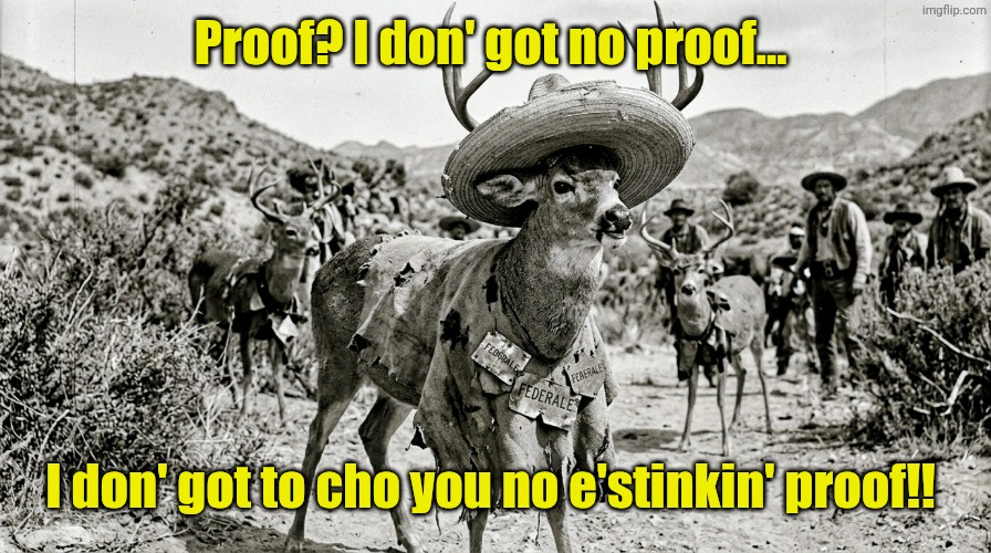 Proof? I don' got no proof... I don' got to cho you no e'stinkin' proof!! | made w/ Imgflip meme maker