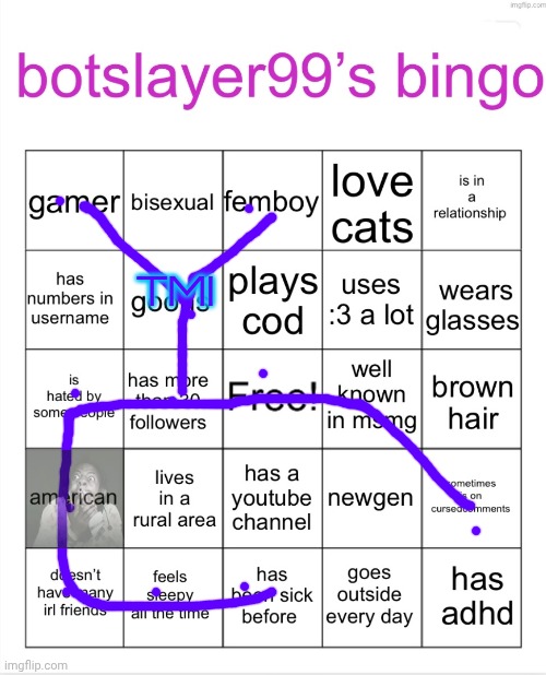 botslayer bingo | TMI | image tagged in botslayer bingo | made w/ Imgflip meme maker