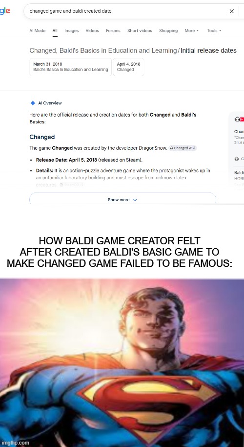 Respect to Baldi's game creator for making Baldi's basic game to make CHANGED game failed to be famous in 2018 | how baldi game creator felt after created baldi's basic game to make changed game failed to be famous: | image tagged in superman starman meme,baldi's basics,changed,video games,creator | made w/ Imgflip meme maker