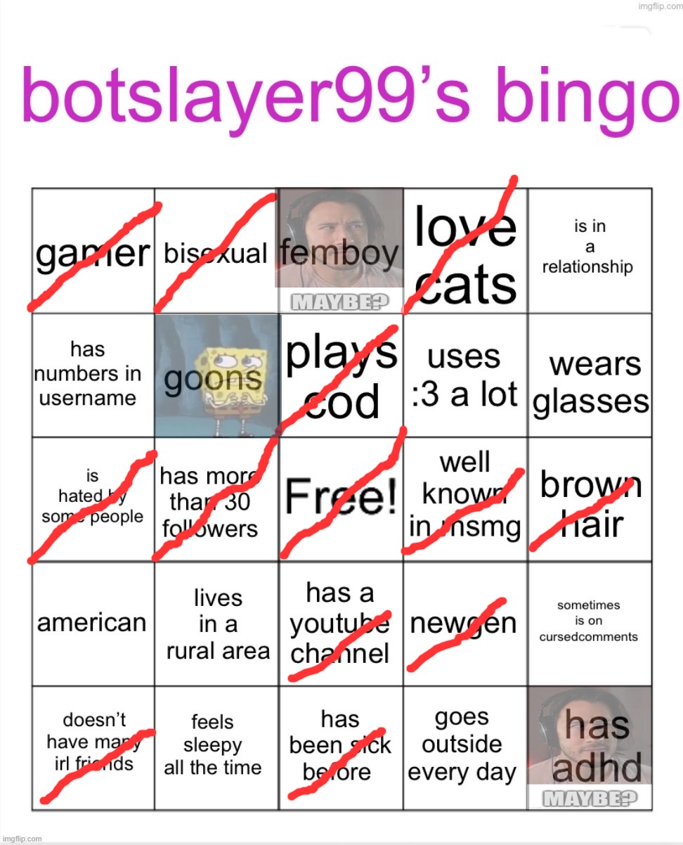 /j on the femboy one | image tagged in botslayer bingo | made w/ Imgflip meme maker