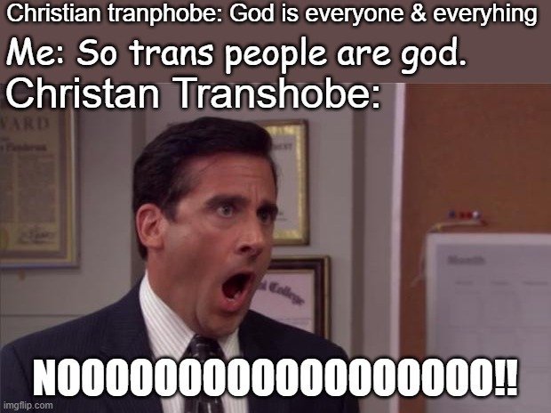 -Insert troll face- | Christian tranphobe: God is everyone & everyhing; Me: So trans people are god. Christan Transhobe:; NOOOOOOOOOOOOOOOOOO!! | image tagged in noooooo,trans,christianity,lolol,funny | made w/ Imgflip meme maker