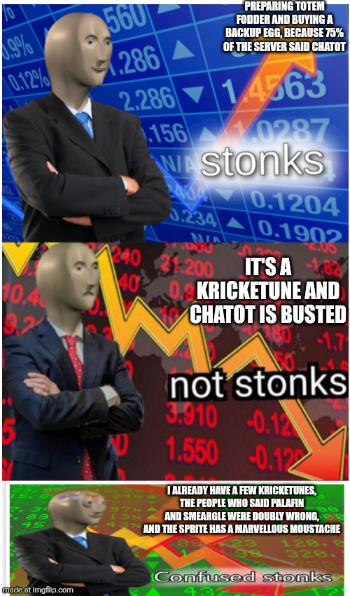 Stonks not stonks confused stonks | Preparing TOTEM FODDER and buying a backup egg, because 75% of the server said chatot; It's a kricketune and Chatot is busted; I already have a few kricketunes, the people who said palafin and smeargle were doubly wrong, and the sprite has a marvellous moustache | image tagged in stonks not stonks confused stonks | made w/ Imgflip meme maker