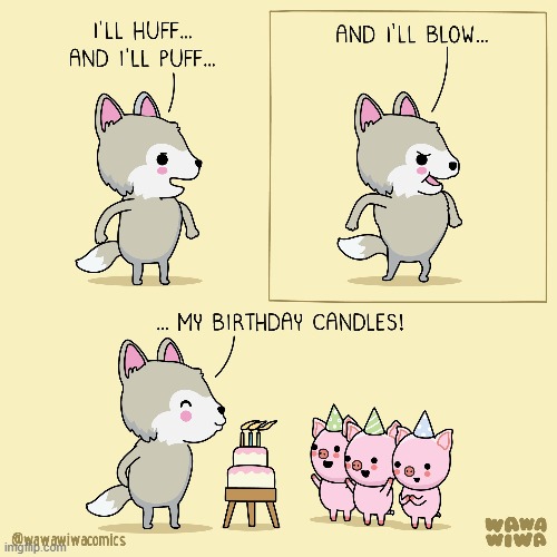 image tagged in wolf,big bad wolf,three little pigs,birthday,birthday cake,candles | made w/ Imgflip meme maker
