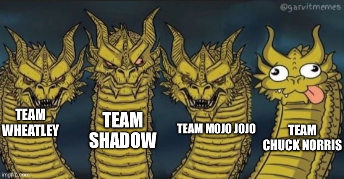 4 headed dragon | Team Wheatley; Team Shadow; Team Mojo Jojo; Team Chuck Norris | image tagged in 4 headed dragon | made w/ Imgflip meme maker