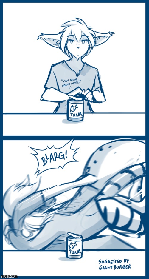 when you try to open a can of tuna in front of a cat (art by thomas fischbach) | image tagged in flora,keith,twokinds | made w/ Imgflip meme maker