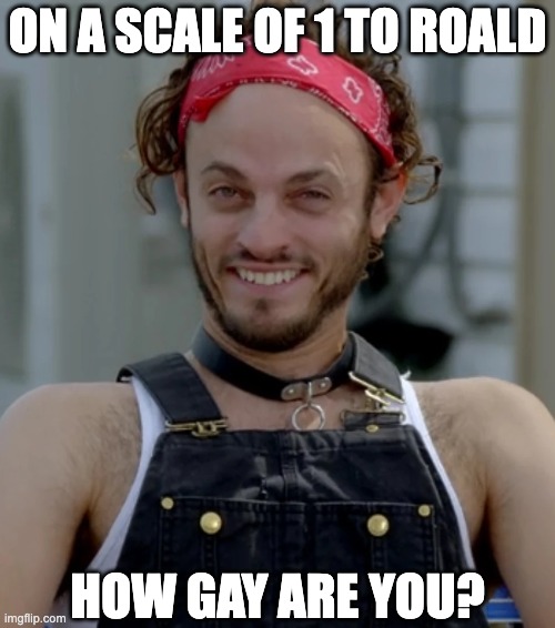 Roald being the most iconic gay | On a scale of 1 to Roald; how gay are you? | image tagged in letterkenny,gay,scale | made w/ Imgflip meme maker
