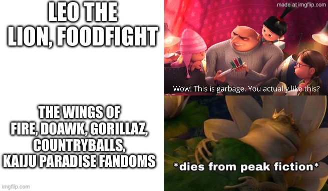 Absolute garbage/peak fiction | Leo the lion, Foodfight; The wings of Fire, DoaWK, Gorillaz, Countryballs, Kaiju Paradise fandoms | image tagged in absolute garbage/peak fiction | made w/ Imgflip meme maker