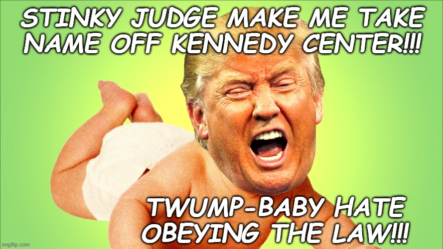 Oopsie. | Stinky judge make me take name off Kennedy Center!!! Twump-baby hate obeying the law!!! | image tagged in crybaby trump,trump unfit unqualified dangerous,wannabe,dictator,crybaby | made w/ Imgflip meme maker