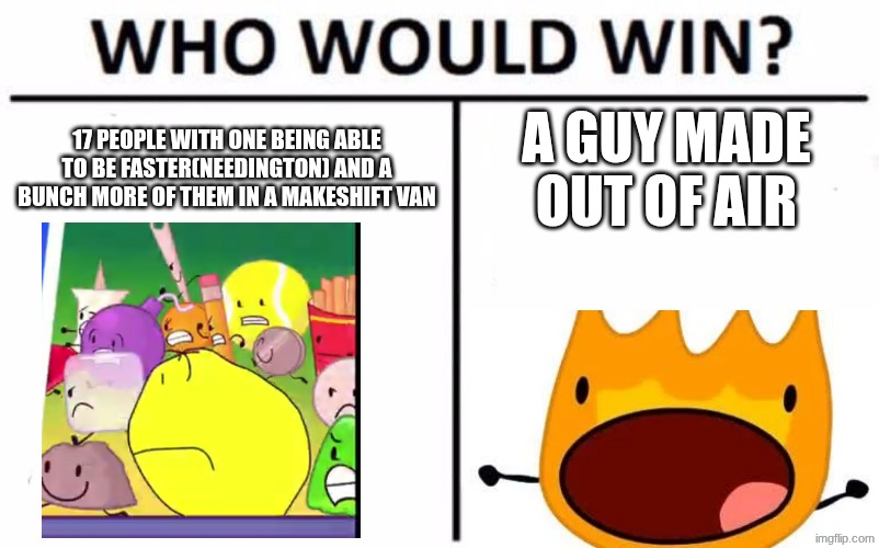1 vs 20 | 17 people with one being able to be faster(needington) and a bunch more of them in a makeshift van; a guy made out of air | image tagged in memes,who would win,bfdi | made w/ Imgflip meme maker