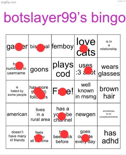 a couple of these are a maybe | image tagged in botslayer bingo | made w/ Imgflip meme maker