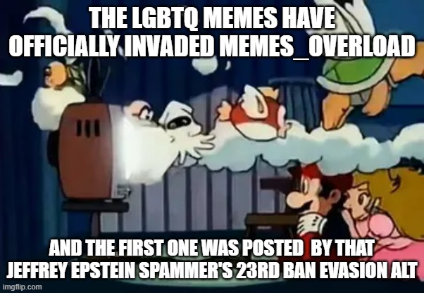 Enemies emerge from TV | the lgbtq memes have officially invaded MEMES_OVERLOAD; and the first one was posted  by that jeffrey epstein spammer's 23rd ban evasion alt | image tagged in enemies emerge from tv | made w/ Imgflip meme maker
