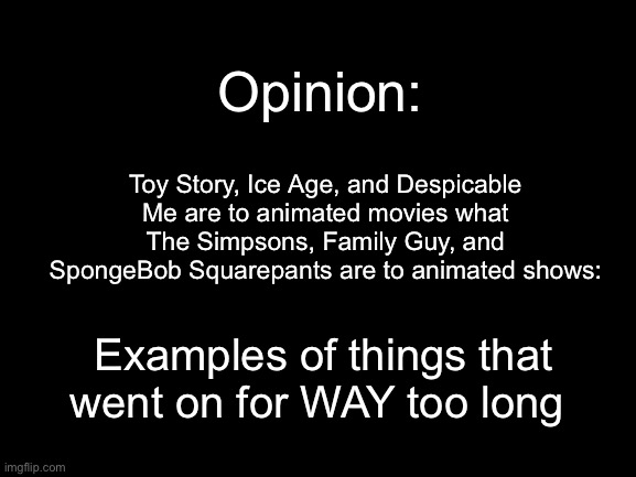 Blank White Template | Opinion:; Toy Story, Ice Age, and Despicable Me are to animated movies what The Simpsons, Family Guy, and SpongeBob Squarepants are to animated shows:; Examples of things that went on for WAY too long | made w/ Imgflip meme maker