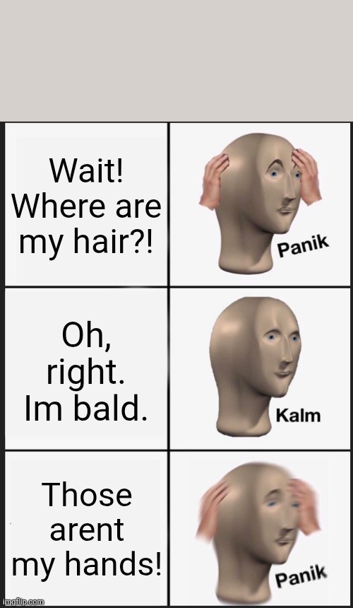 Panik Kalm Panik Meme | Wait! Where are my hair?! Oh, right. Im bald. Those arent my hands! | image tagged in memes,panik kalm panik | made w/ Imgflip meme maker