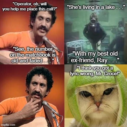 Jim Croce Operator Lake Pahoe | "She's living in a lake . . ."; "Operator, oh, will you help me place this call?"; "See, the number on the matchbook is old and faded . . . "; "With my best old ex-friend, Ray . . ."; "I think you got a lyric wrong, Mr. Croce!" | image tagged in jim croce,operator,lake pahoe,monty python,misheard lyric | made w/ Imgflip meme maker