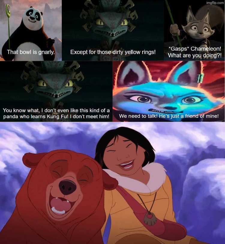 Kenai and Nita Laughs | image tagged in ruin this fill in meme 111,deviantart,kung fu panda,brother bear,dreamworks | made w/ Imgflip meme maker