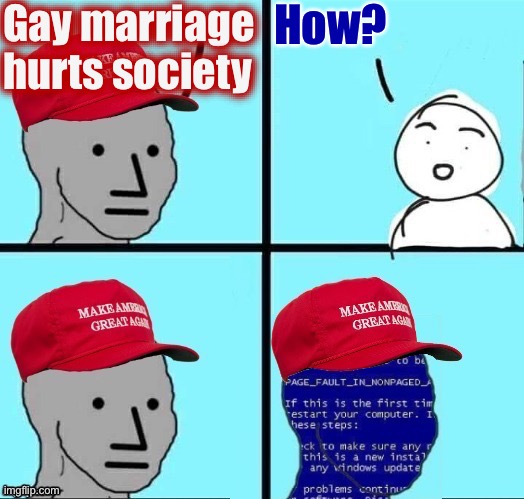 NPC MAGA blue screen fixed textboxes | Gay marriage hurts society How? | image tagged in npc maga blue screen fixed textboxes | made w/ Imgflip meme maker