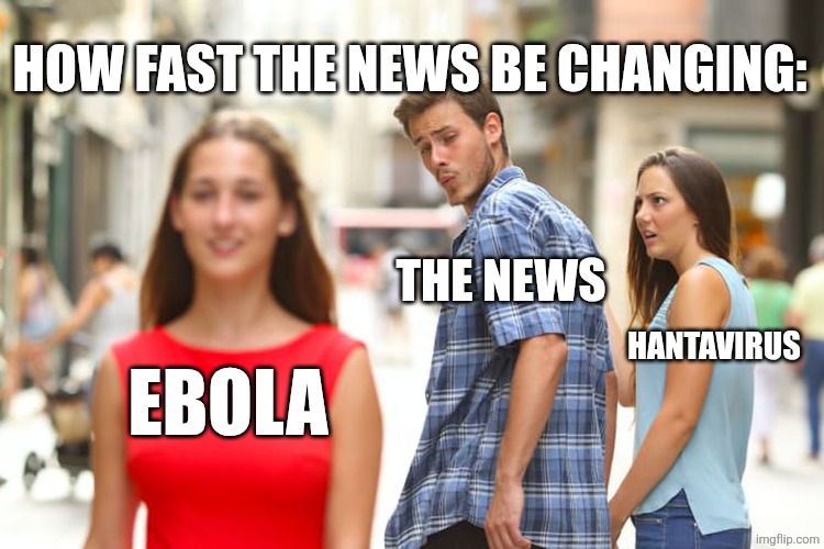 At this point they'll be thinking that the Black Plague is back ? | How fast the news be changing:; The news; Hantavirus; Ebola | image tagged in memes | made w/ Imgflip meme maker