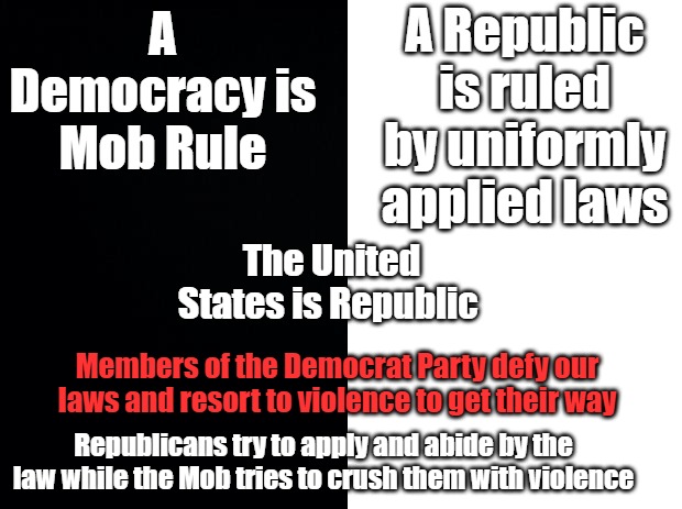 The distinction is Black and White | A Republic is ruled by uniformly applied laws; A Democracy is Mob Rule; The United States is Republic; Members of the Democrat Party defy our laws and resort to violence to get their way; Republicans try to apply and abide by the law while the Mob tries to crush them with violence | image tagged in black background | made w/ Imgflip meme maker