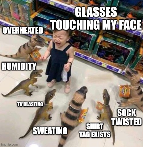 Overwhelmed girl | Glasses touching my face; Overheated; Humidity; TV blasting; Sock twisted; Shirt tag exists; Sweating | image tagged in overwhelmed girl | made w/ Imgflip meme maker