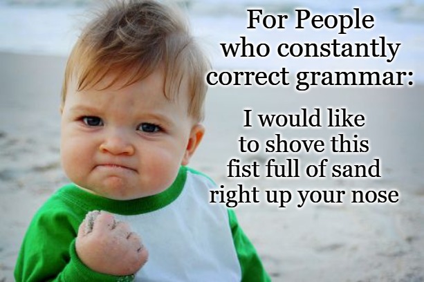 grammar Nazis | For People who constantly correct grammar:; I would like to shove this fist full of sand right up your nose | image tagged in memes,success kid original,grammar nazis | made w/ Imgflip meme maker