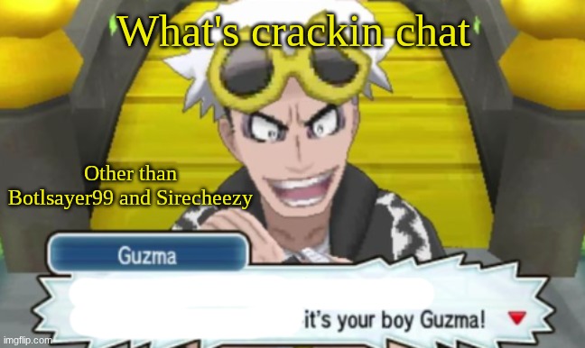 New temp and user | What's crackin chat; Other than Botlsayer99 and Sirecheezy | image tagged in guzma temp | made w/ Imgflip meme maker