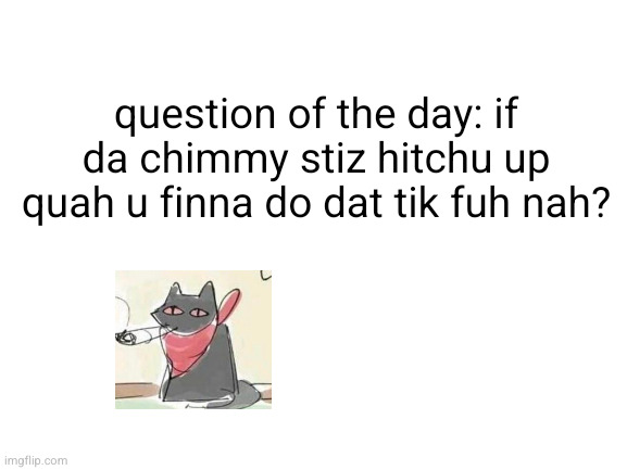 Blank White Template | question of the day: if da chimmy stiz hitchu up quah u finna do dat tik fuh nah? | image tagged in blank white template | made w/ Imgflip meme maker