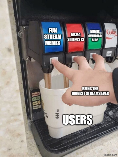 Pushing three soda buttons | mEMES
OVERLOAD
SLOP; Fun STREAM MEMES; msmg SHITPOSTS; BEING THE BIGGEST STREAMS EVER; USERS | image tagged in pushing three soda buttons | made w/ Imgflip meme maker