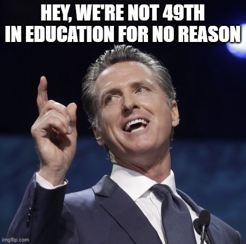 Gavin newsom | hey, we're not 49th in education for no reason | image tagged in gavin newsom | made w/ Imgflip meme maker
