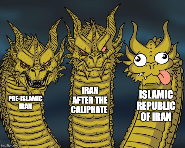 Three-headed Iranian | Iran after the Caliphate; Islamic Republic of Iran; Pre-Islamic Iran | image tagged in three-headed dragon,history,history memes,iran,iranian | made w/ Imgflip meme maker