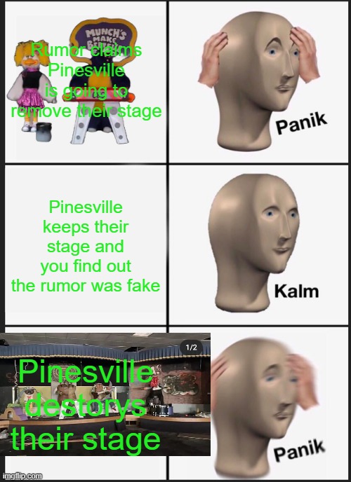 CHUCK E CHEESE Pinesville removal of bots by Mods | Rumor claims Pinesville is going to remove their stage; Pinesville keeps their stage and you find out the rumor was fake; Pinesville destorys their stage | image tagged in memes,panik kalm panik,chuck e cheese,funny memes,meme,animals | made w/ Imgflip meme maker