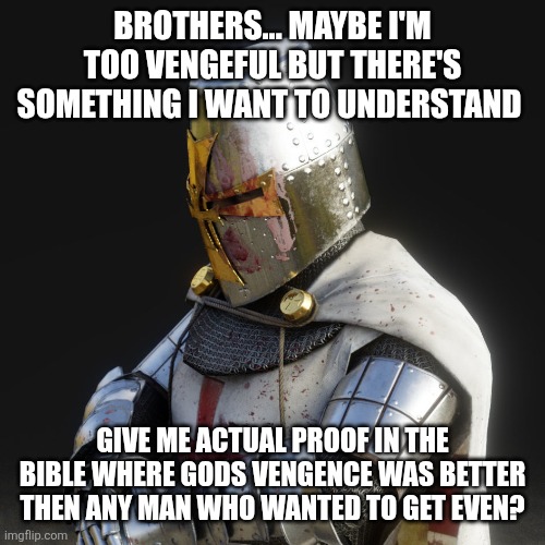 Paladin | Brothers... Maybe I'm too vengeful but there's something I want to understand; Give me actual proof in the Bible where gods vengence was better then any man who wanted to get even? | image tagged in paladin | made w/ Imgflip meme maker