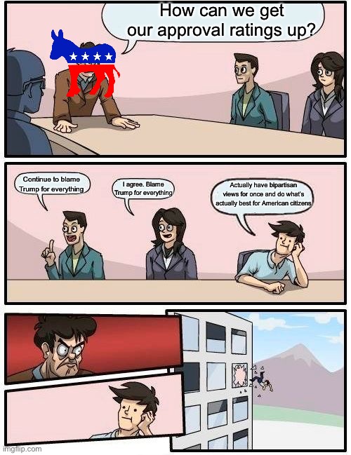 Boardroom Meeting Suggestion Meme | How can we get our approval ratings up? Continue to blame Trump for everything; Actually have bipartisan views for once and do what’s actually best for American citizens; I agree. Blame Trump for everything | image tagged in memes,boardroom meeting suggestion | made w/ Imgflip meme maker