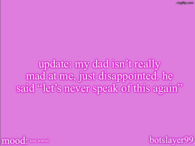 botslayer announcement temp v2 | update: my dad isn’t really mad at me, just disappointed. he said “let’s never speak of this again”; less scared | image tagged in botslayer announcement temp v2 | made w/ Imgflip meme maker
